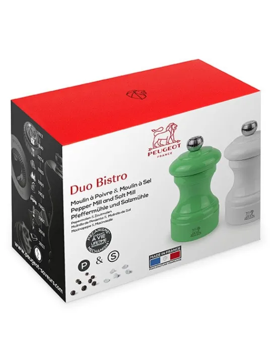 Peugeot Saveurs Bistro Duo de moulins à poivre et à sel manuels en bois laqué, vert et blanc, 10 cm - 4in -> Duos Et Combi 2 En 1 | Moulins À Sel Et Salières
