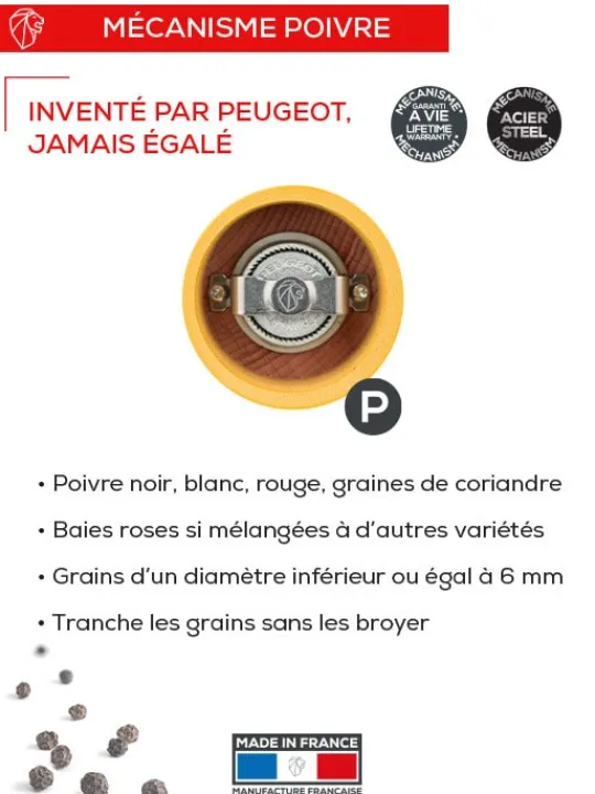Peugeot Saveurs Bistro Moulin à poivre manuel en bois laqué, safran, 10 cm - 4in. -> Envie De Couleurs | Moulins À Poivre