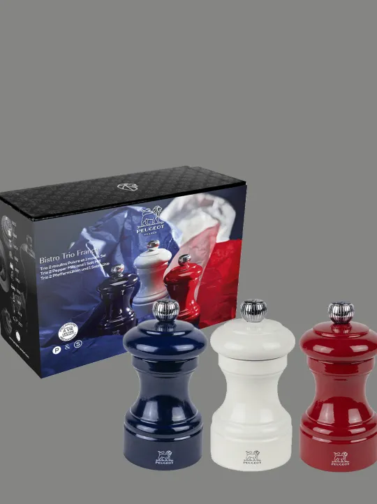 Peugeot Saveurs Bistro trio france Trio 2 moulins poivre et 1 moulin sel, manuels en bois, bleu, blanc et rouge, 10 cm -> Coffrets Cadeaux | Duos Et Combi 2 En 1