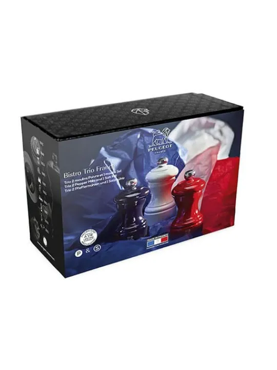 Peugeot Saveurs Bistro trio france Trio 2 moulins poivre et 1 moulin sel, manuels en bois, bleu, blanc et rouge, 10 cm -> Coffrets Cadeaux | Duos Et Combi 2 En 1
