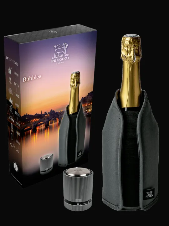 Peugeot Saveurs Bubbles Coffret cadeau - rafraichisseur frizz gris et bouchon à champagne line carbone -> Coffrets Cadeaux | Accessoires Vin Et Champagne