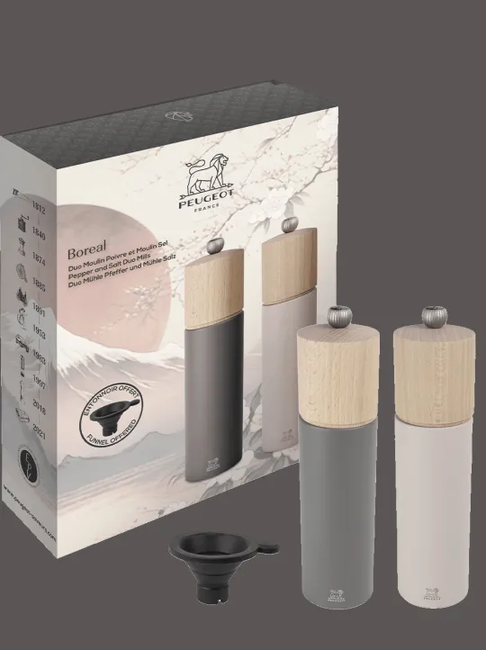 Peugeot Saveurs Duo boreal Coffret cadeau - duo de moulins à poivre et à sel boreal 21 cm et son entonnoir en silicone -> Coffrets Cadeaux | Envie De Couleurs