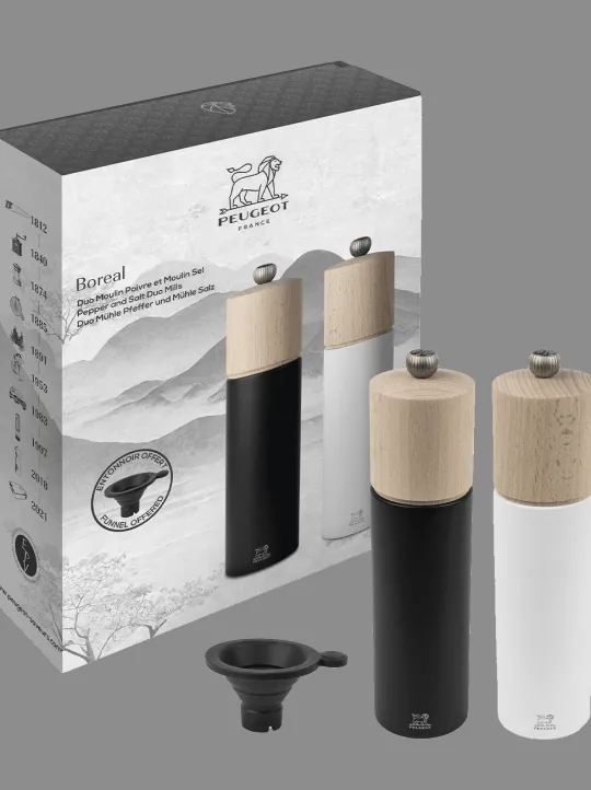 Peugeot Saveurs Duo boreal Coffret cadeau - duo de moulins à poivre et à sel boreal 21 cm et son entonnoir en silicone -> Coffrets Cadeaux | Duos Et Combi 2 En 1