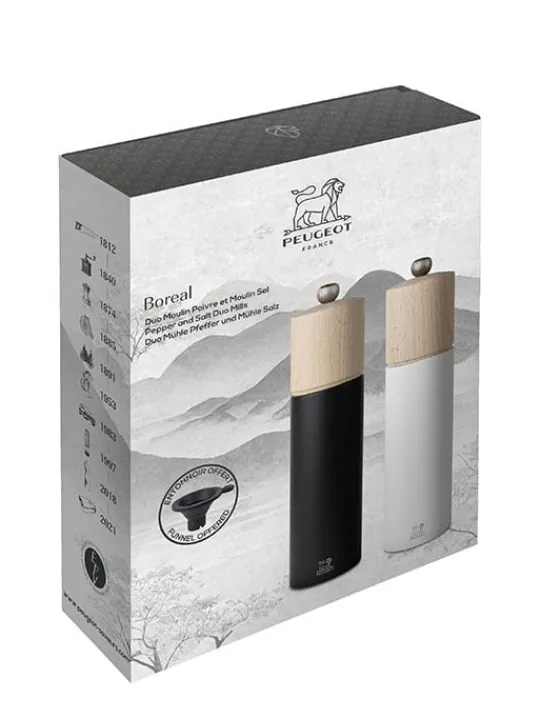 Peugeot Saveurs Duo boreal Coffret cadeau - duo de moulins à poivre et à sel boreal 21 cm et son entonnoir en silicone -> Coffrets Cadeaux | Duos Et Combi 2 En 1