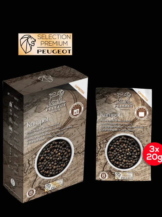 Peugeot Saveurs Kampot Poivre noir du cambodge, 60g - 3 sachets fraicheur de 20g -> Idées Cadeaux -50€ | Envie De Saveurs