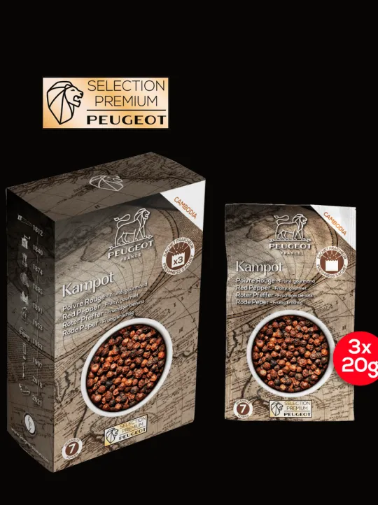 Peugeot Saveurs Kampot Poivre rouge du cambodge, 60g - 3 sachets fraicheur de 20g -> Idées Cadeaux -50€ | Epices Du Monde