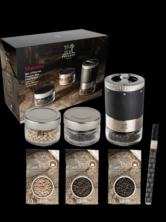 Peugeot Saveurs Maestro Bar à poivres - moulin à poivre u'select accompagné de 3 grands crus de poivres, de 3 réservoirs interchangeables. -> Idées Cadeaux -100€ | Coffrets Cadeaux