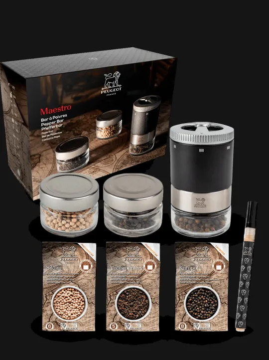 Peugeot Saveurs Maestro Bar à poivres - moulin à poivre u'select accompagné de 3 grands crus de poivres, de 3 réservoirs interchangeables, noir -> Idées Cadeaux -100€ | Coffrets Cadeaux