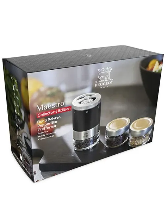 Peugeot Saveurs Maestro Bar à poivres - moulin à poivre u'select accompagné de 3 grands crus de poivres, de 3 réservoirs interchangeables, noir mat -> Coffrets Cadeaux | Envie De Design