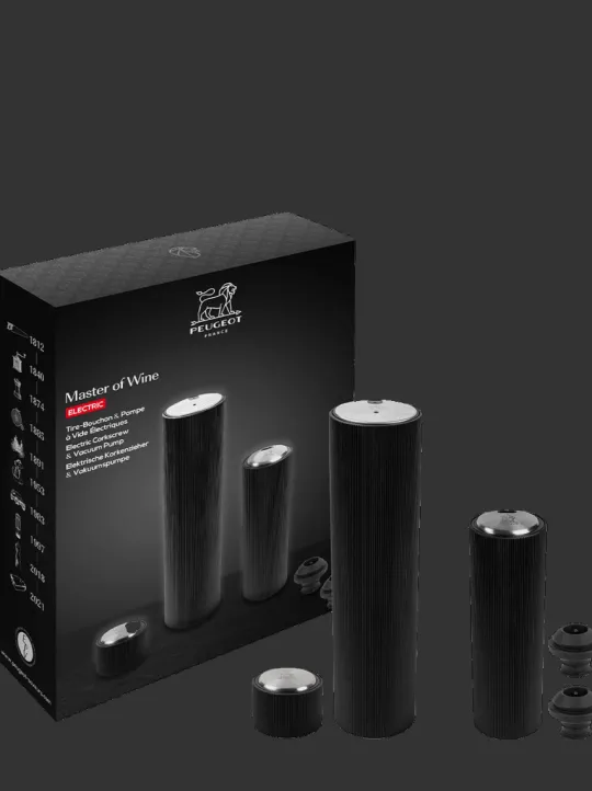 Peugeot Saveurs Master of wine Coffret cadeau - tire-bouchon électrique line reverse et pompe de conservation électrique line preserve noir mat. -> Coffrets Cadeaux | Envie De Design