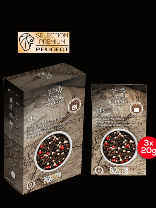 Peugeot Saveurs Mix viandes rouges Mélange de poivres pour viandes rouges, 60g - 3 sachets fraicheur de 20g -> Idées Cadeaux -50€ | Envie De Saveurs