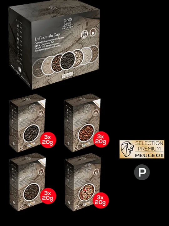 Peugeot Saveurs Multipack poivres premium Pack 3 poivres d'origine et 1 mélange exclusif -> Epices Du Monde