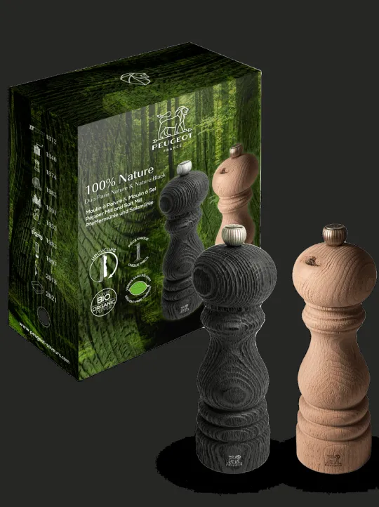 Peugeot Saveurs 100% nature Duo de moulins à poivre et à sel manuels en bois revalorisé nature et nature black, 18 cm -> Idées Cadeaux -100€ | Coffrets Cadeaux
