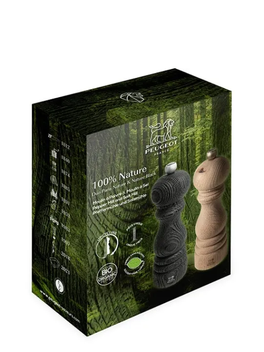 Peugeot Saveurs 100% nature Duo de moulins à poivre et à sel manuels en bois revalorisé nature et nature black, 18 cm -> Idées Cadeaux -100€ | Coffrets Cadeaux
