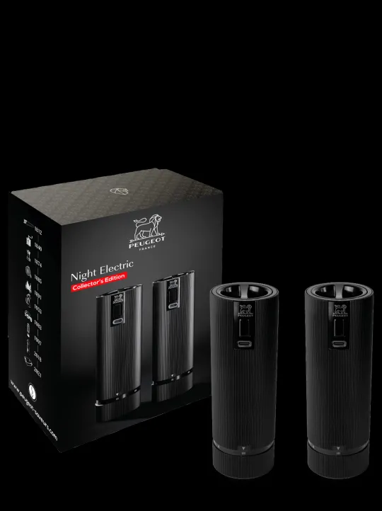 Peugeot Saveurs Night electric Coffret cadeau - duo de moulins à poivre et à sel électriques line noir mat 15 cm -> Coffrets Cadeaux | Envie De Design