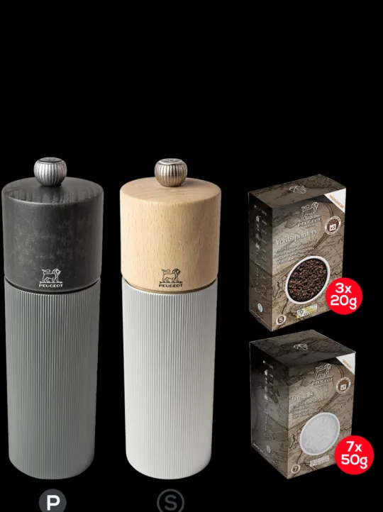Peugeot Saveurs Pack line 18 cm Duo de moulins à poivre et à sel 18 cm et ses cubes de poivre et de sel -> Duos Et Combi 2 En 1 | Moulins À Sel Et Salières