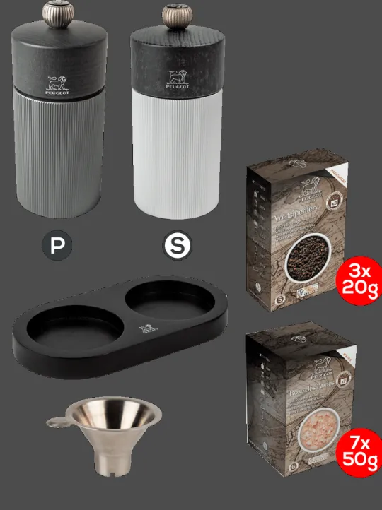 Peugeot Saveurs Pack line carbone & graphite 12cm Duo de moulins à poivre et à sel 12 cm avec entonnoir inox -> Envie De Design | Duos Et Combi 2 En 1