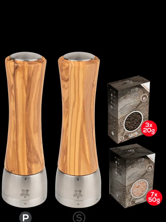 Peugeot Saveurs Pack madras bois d'olivier u'select 21 cm Duo de moulins à poivre et à sel u'select 21 cm et ses épices -> Duos Et Combi 2 En 1 | Moulins À Sel Et Salières