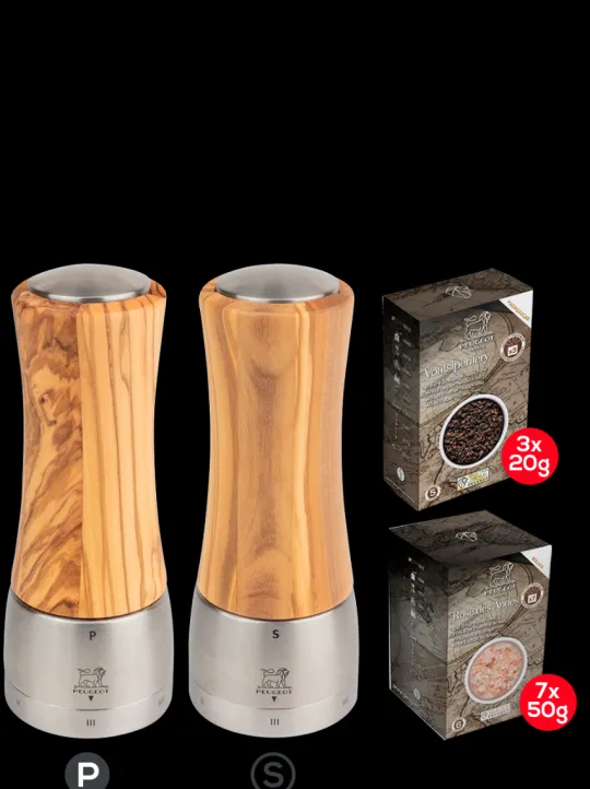 Peugeot Saveurs Pack madras bois d'olivier u'select 16 cm Duo de moulins à poivre et à sel u'select 16 cm et ses épices -> Duos Et Combi 2 En 1 | Moulins À Sel Et Salières