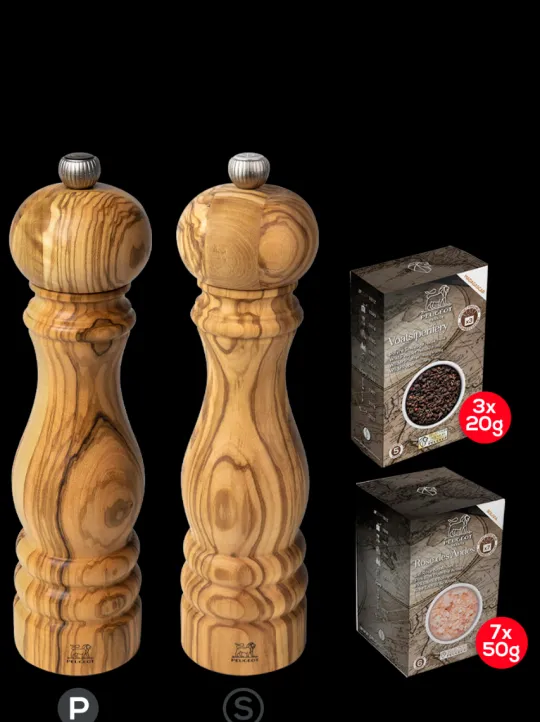 Peugeot Saveurs Pack paris bois d'olivier 22 cm Duo de moulins à poivre et à sel 22 cm et ses épices -> Duos Et Combi 2 En 1 | Moulins À Sel Et Salières