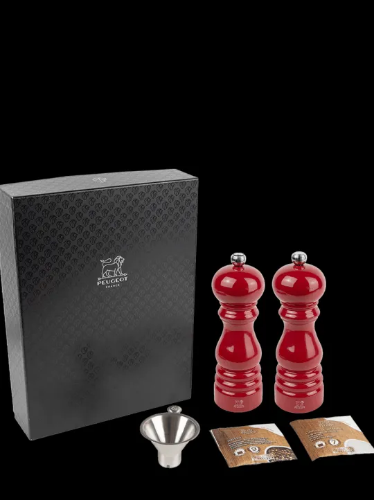 Peugeot Saveurs Pack paris-rama rouge passion 18 cm Duo de moulins à poivre et à sel en bois avec entonnoir inox en coffret cadeau -> Coffrets Cadeaux | Duos Et Combi 2 En 1