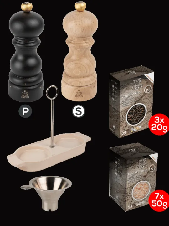 Peugeot Saveurs Pack parisrama u'select chocolat et naturel 15cm Duo de moulins à poivre et à sel en bois u'select avec entonnoir inox -> Duos Et Combi 2 En 1 | Moulins À Sel Et Salières
