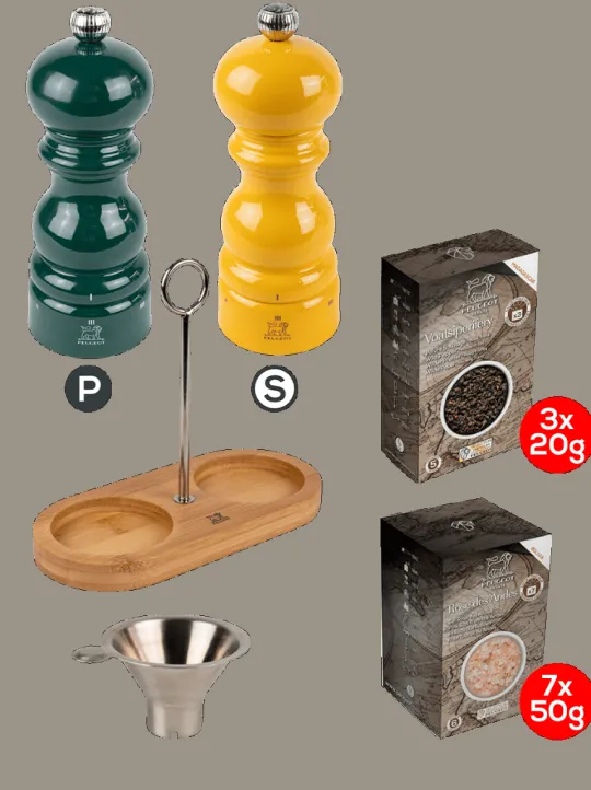 Peugeot Saveurs Pack parisrama u'select vert forêt et jaune safran 15cm Duo de moulins à poivre et à sel en bois u'select avec entonnoir inox -> Duos Et Combi 2 En 1 | Moulins À Sel Et Salières