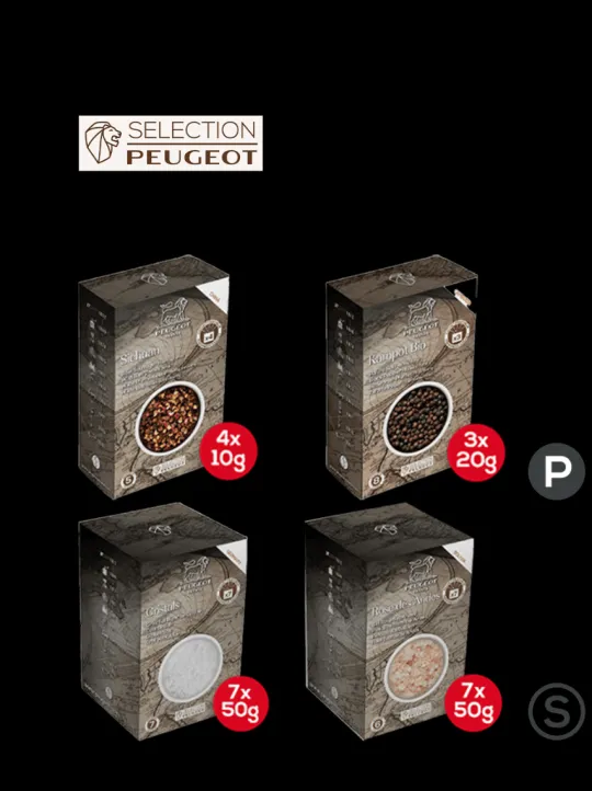 Peugeot Saveurs Pack poivres premium Sélection exclusive de 4 poivres et mélanges premium - 4 boites de 60g -> Epices Du Monde
