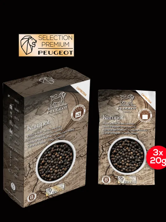 Peugeot Saveurs Pack poivres premium Sélection exclusive de 4 poivres et mélanges premium - 4 boites de 60g -> Epices Du Monde
