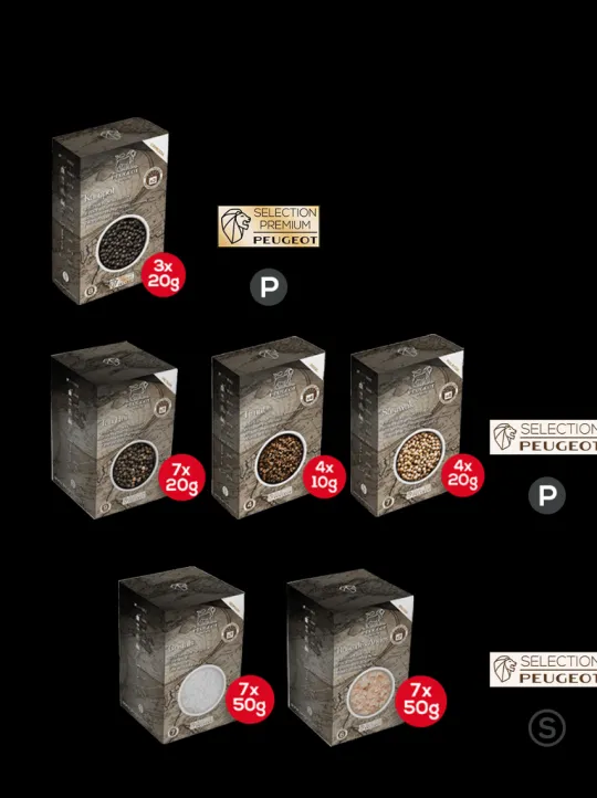 Peugeot Saveurs Pack poivres sels essentiel Sélection de 4 poivres et 2 sels d'exception essentiels en cuisine -> Epices Du Monde