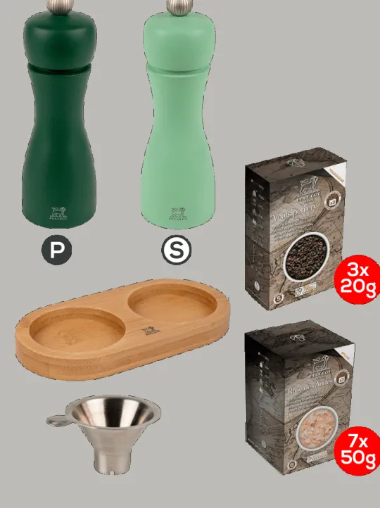 Peugeot Saveurs Pack tahiti eau avec plateau Duo de moulins à poivre et à sel en bois 15 cm et ses épices et son plateau linéa en bambou -> Envie De Couleurs | Duos Et Combi 2 En 1