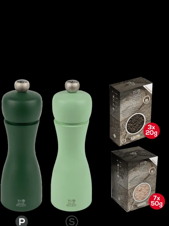 Peugeot Saveurs Pack tahiti eau Duo de moulins à poivre et à sel en bois 15 cm et ses épices -> Envie De Couleurs | Duos Et Combi 2 En 1