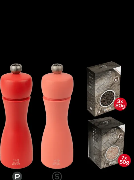 Peugeot Saveurs Pack tahiti feu Duo de moulins à poivre et à sel en bois 15 cm et ses épices -> Envie De Couleurs | Duos Et Combi 2 En 1