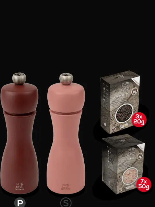 Peugeot Saveurs Pack tahiti terre Duo de moulins à poivre et à sel en bois 15 cm et ses épices -> Envie De Couleurs | Duos Et Combi 2 En 1