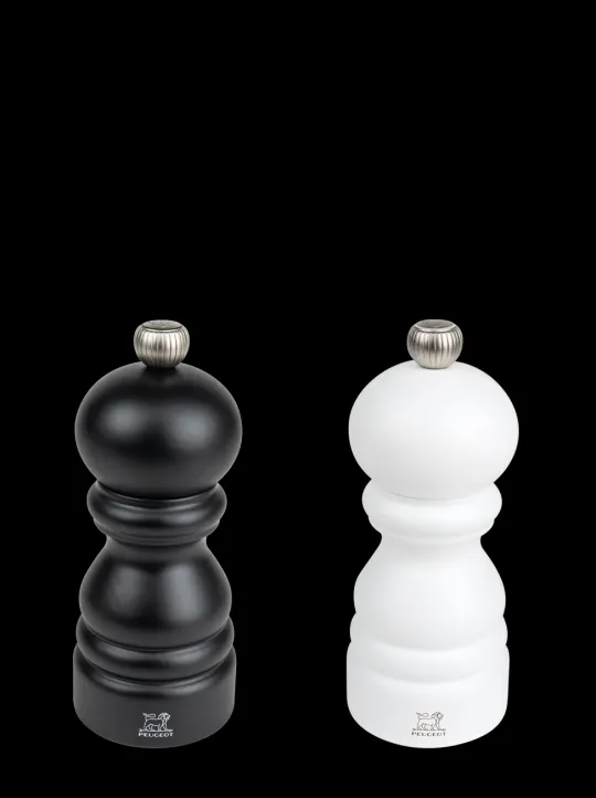 Peugeot Saveurs Paris Duo de moulins à poivre et à sel manuels en bois noir mat et blanc mat 12 cm - 4.75" -> Duos Et Combi 2 En 1 | Moulins À Sel Et Salières