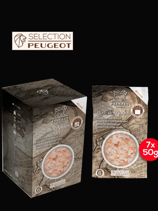Peugeot Saveurs Sel rose Gros sel rose de cuisine de bolivie, 350g - 7 sachets fraicheur de 50g -> Idées Cadeaux -50€ | Epices Du Monde