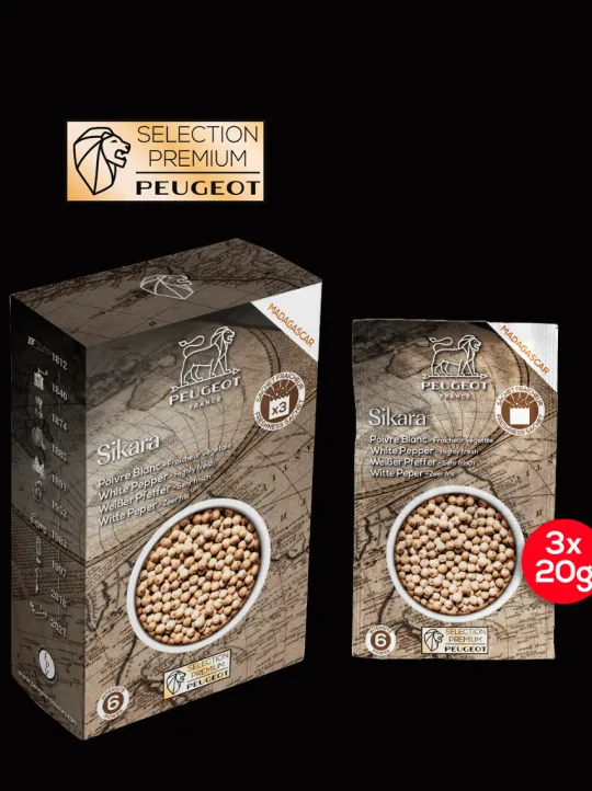 Peugeot Saveurs Sikara Poivre blanc de madagascar, 60g - 3 sachets fraicheur de 20g -> Idées Cadeaux -50€ | Envie De Saveurs