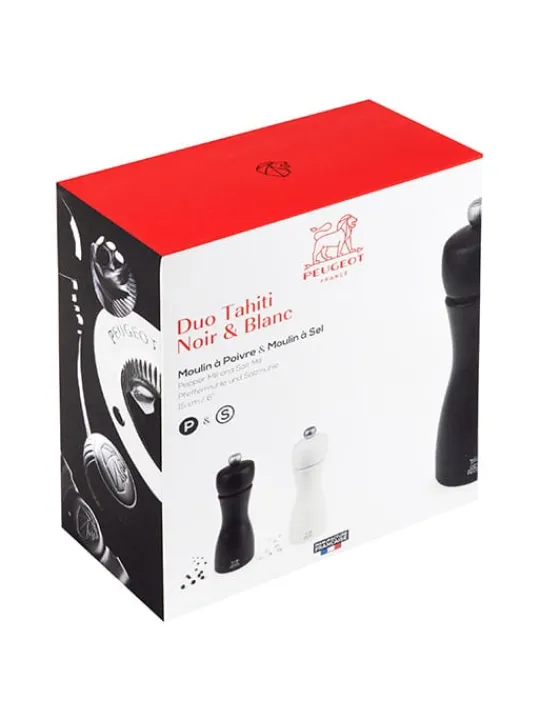Peugeot Saveurs Tahiti Duo de moulins à poivre et à sel manuels en bois couleur noir et blanc 15 cm -> Duos Et Combi 2 En 1 | Moulins À Sel Et Salières